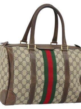 GUCCI GG Supreme Web Sherry Line Hand Bag PVC Beige Gold Auth 164871